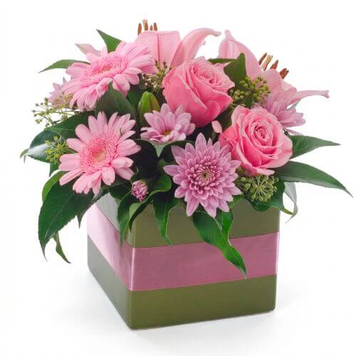 Pinky - Pink flowers arranged in a green box container