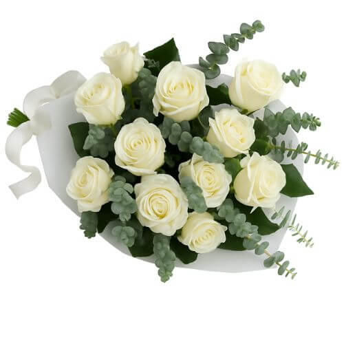 Bouquet of white roses with greenery in a white container on a white background