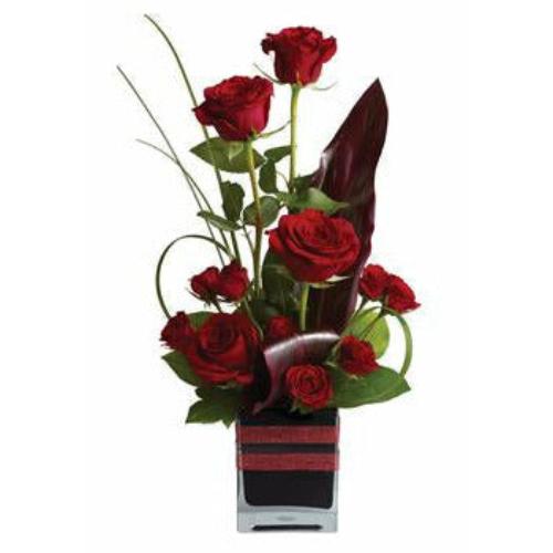Rose Romance - red rose arrangement in a clear cube
