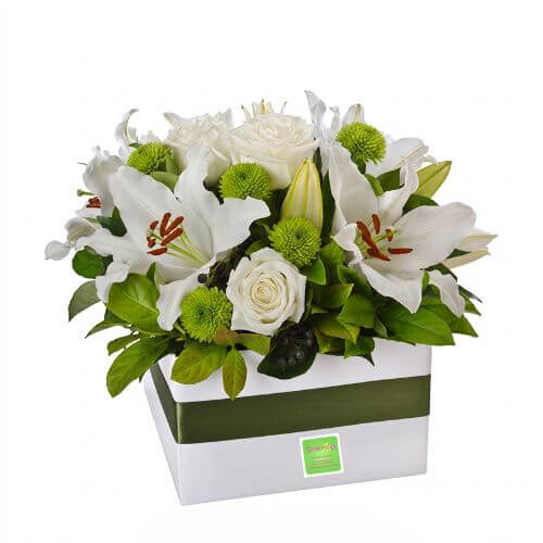 White and green flower arrangement in a white box container