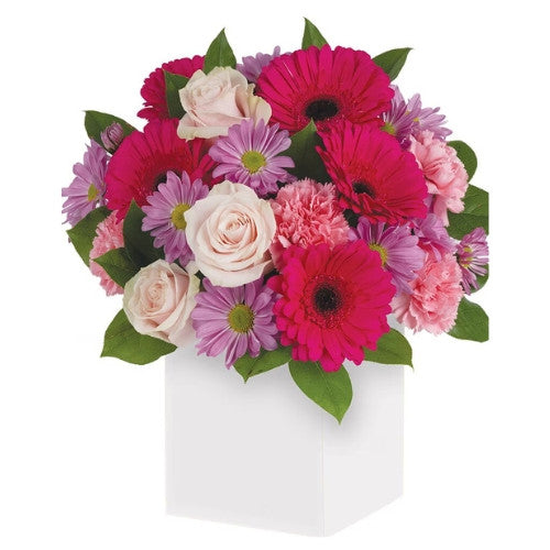 SWEET DREAMS - pink arrangement aod flowers in a white box container