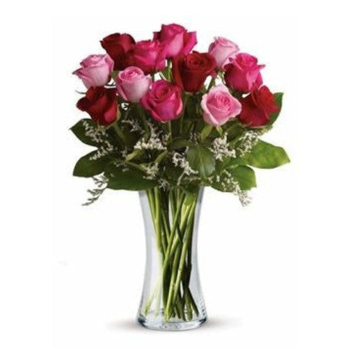 I Love You - 12 mix red and pink roses in vase